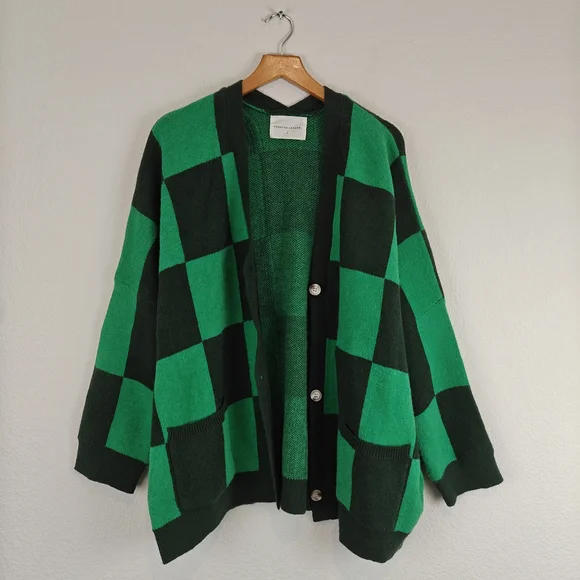 Panache Apparel Girl Crush Oversized Cardigan In Green Checkered Size LG - Picture 5 of 16